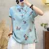 Damen Retro Chinesischer Stil Cheongsam Oberteil Leinenmischung Cartoonfigur Druck Froschknopf Kurzarm Bluse