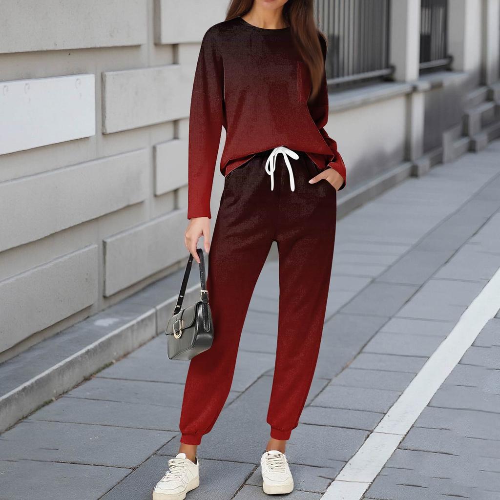 Sets für Damen 2-teilig Rundhals Langarmshirts Bedruckte Jogginghosen Taschensets