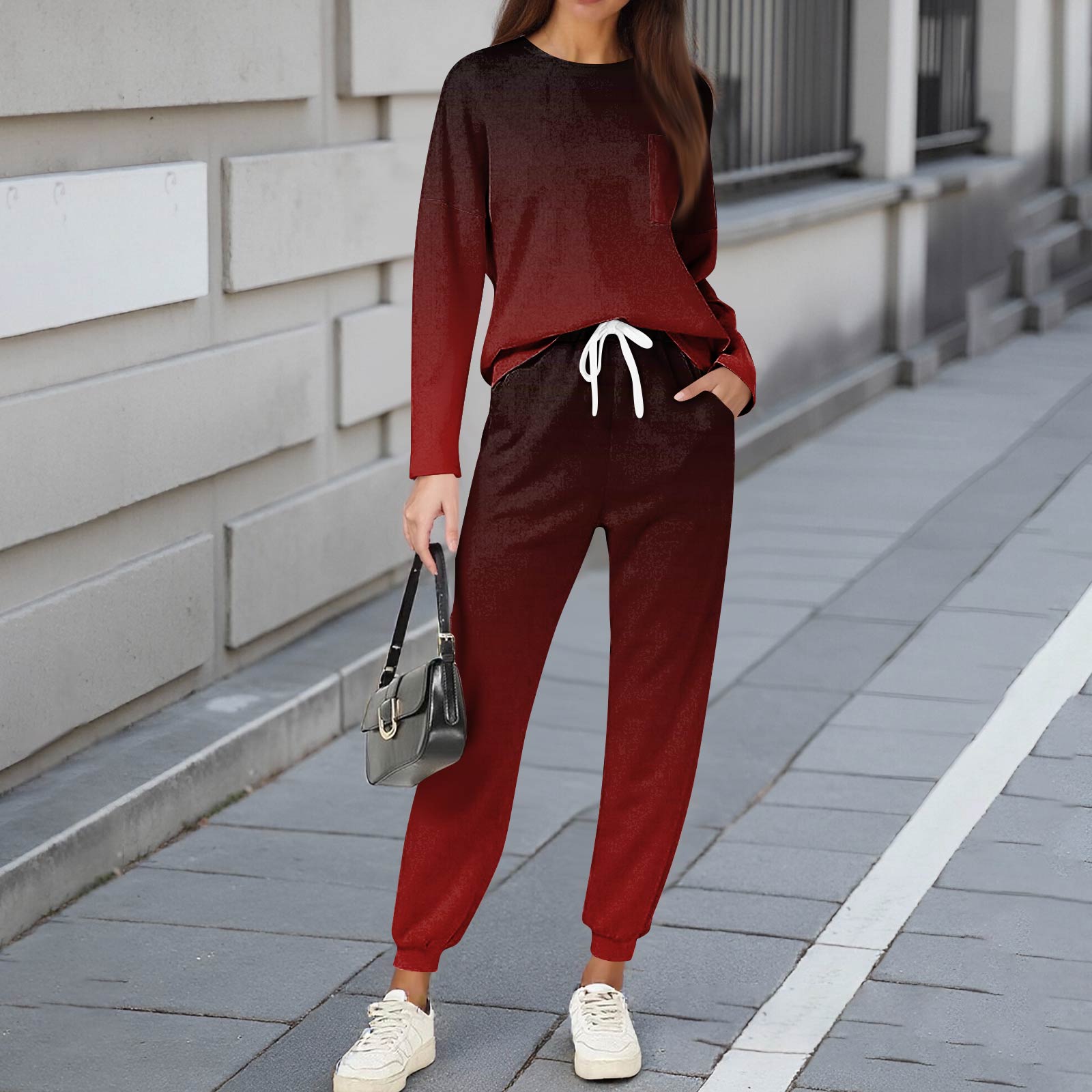 

Sets For Women 2 Piece Round Neck Long Sleeve Shirts Printed Sweatpants Pocket Sets XL винный