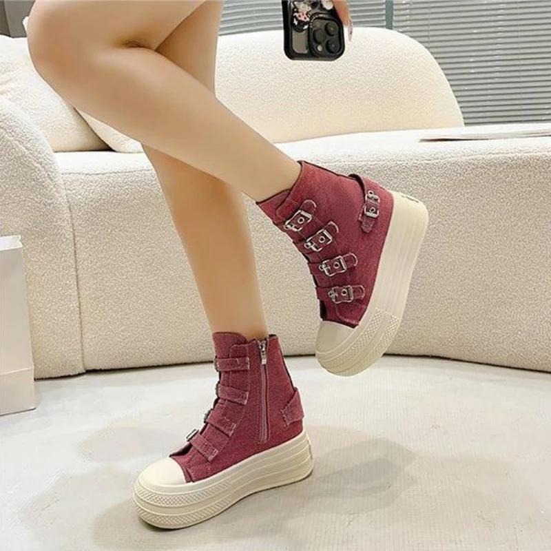 Fashion 8CM Wedge Heels Sneakers Canvas Shoes Women's 2024 Spring And Utumn New Fashion All Casual Thick Ventilate Soled Board Shoes