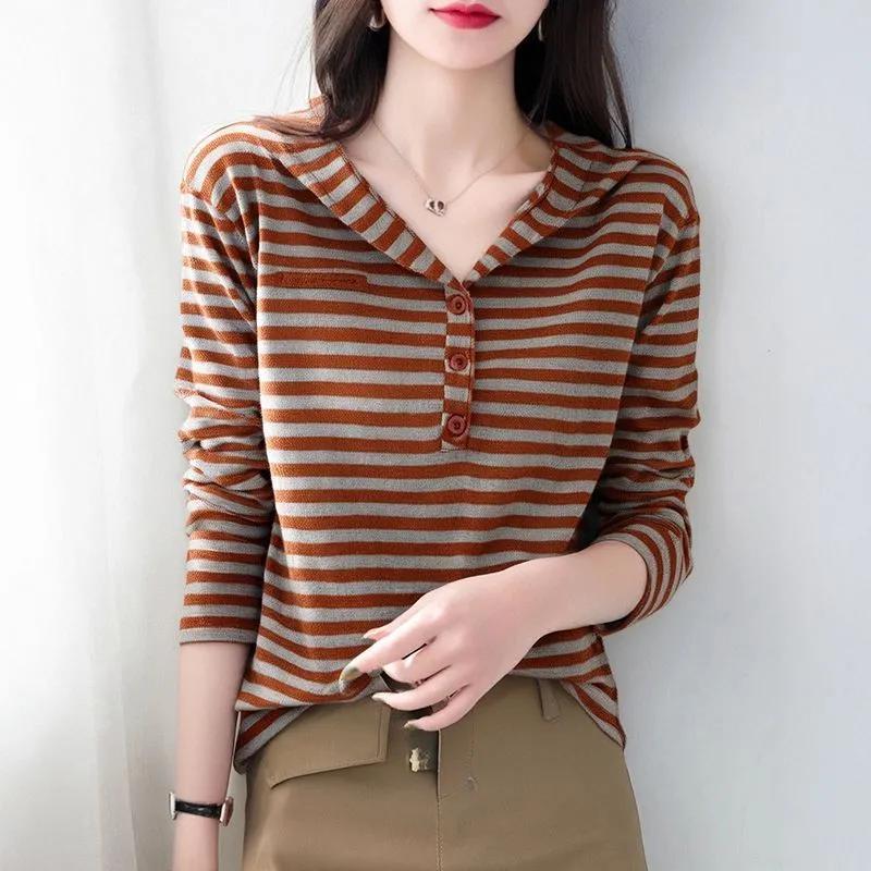 Women's Striped Hooded Half Button Knit Sweater Casual Long Sleeve Top