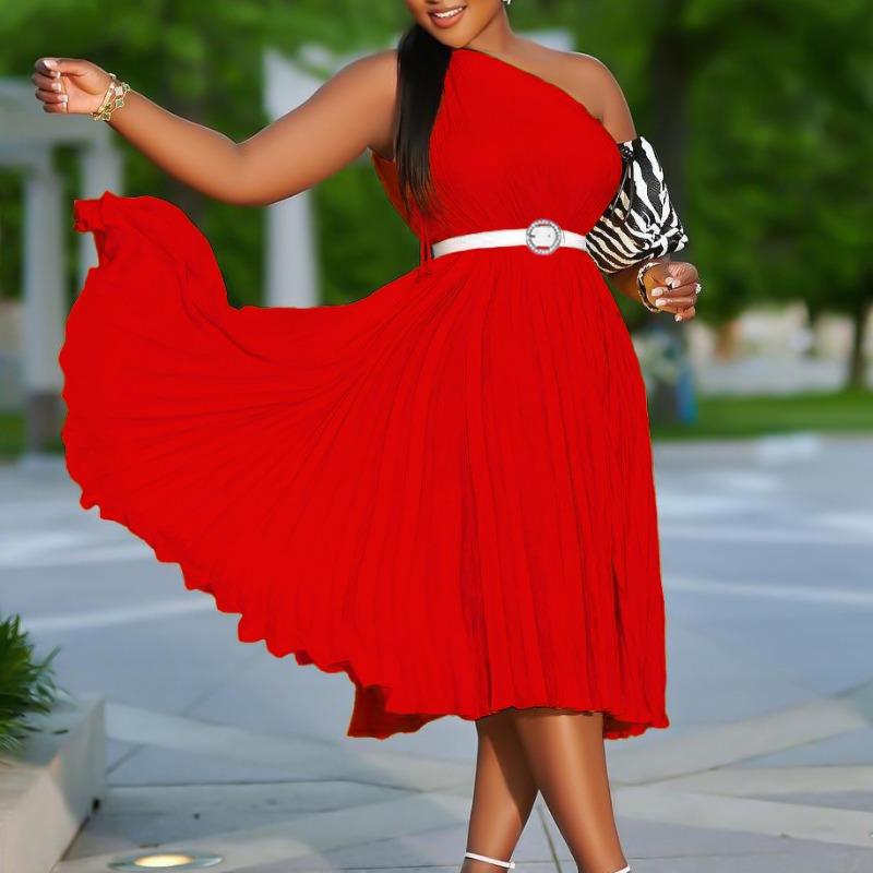 With belt women's clothing new fashion temperament slanted shoulder solid color pleated large skirt