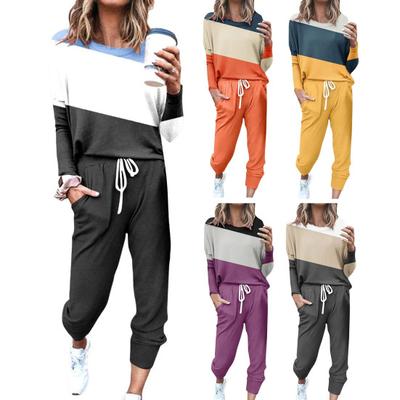 2 Pcs/Set Women Top Pants Suit Round Neck Long Sleeves Colorblock Sport