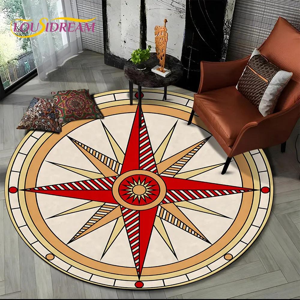 3D Retro Kompass Serie Kreis Teppich,Runder Teppich für Wohnzimmer Schlafzimmer Sofa Fußmatte Dekor Rutschfeste Bodenmatte Geschenk