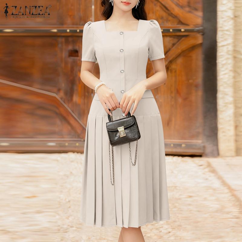 ZANZEA Women Square Collar Summer Casual Short Sleeve Dress