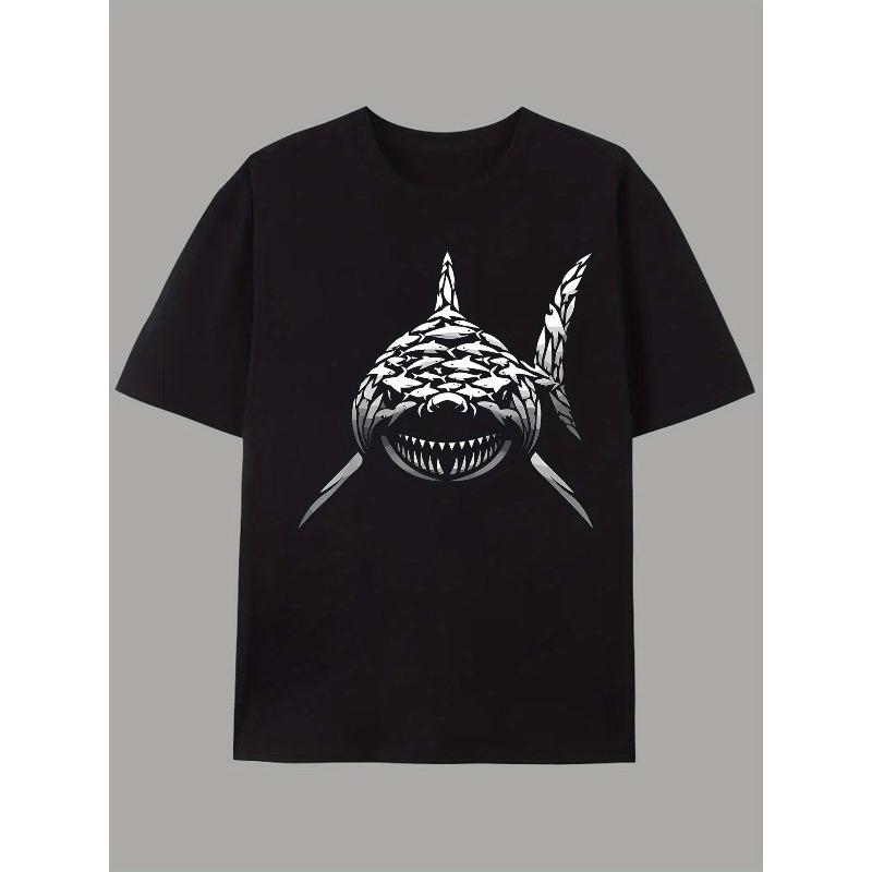 European Sizes Shark Print Trendy Graffiti Letter Print Short Sleeve Summer Regular T-Shirt For Men Crew Neck Tee Top