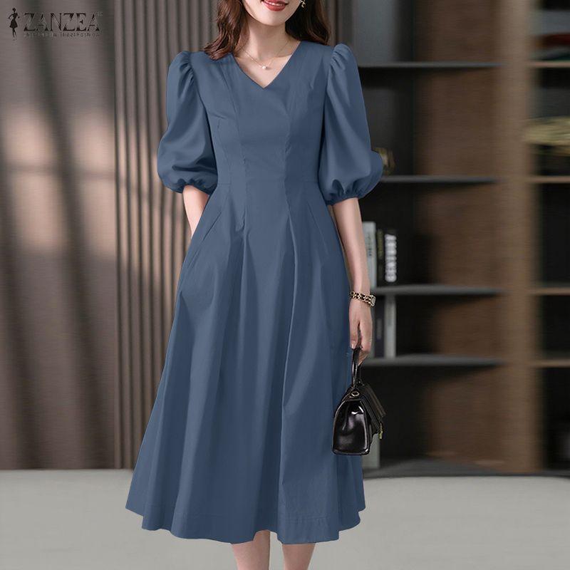 ZANZEA Women V-Neck 3/4 Sleeve Loose Casual Dress