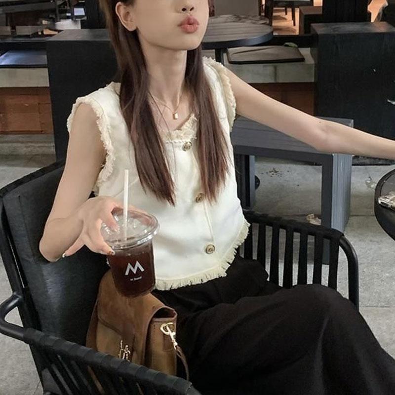 

Летние майки без рукавов во французском стиле, стильная женская одежда с бахромой, базовые однотонные элегантные камисоли на пуговицах с квадратным вырезом S белый