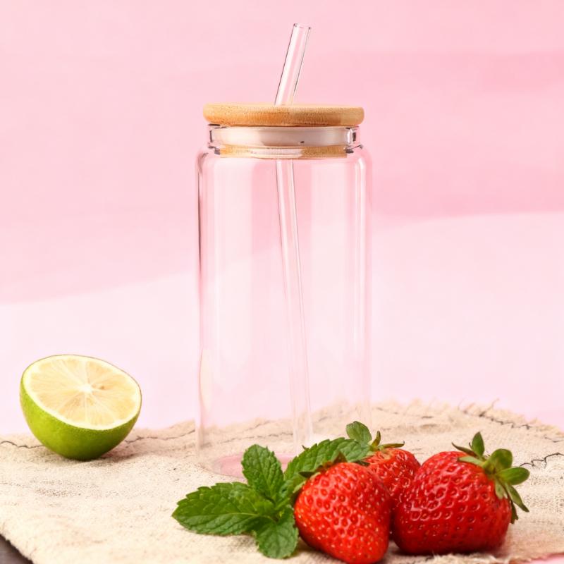 450ml/550ml Transparent Glass Cup with Wooden Lid and Straw Home High Borosilicate Glass Juice Cup Water Cup Drinking Utensils