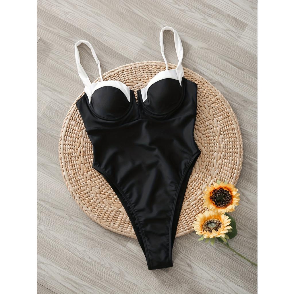 Damski Modny Czarno-Biały Wysoko Elastyczny Jednoczęściowy Kostium Kąpielowy z Wbudowanymi Miseczkami - Kontrola Brzucha, Wyszczuplający Design, Można Prać w Pralkce