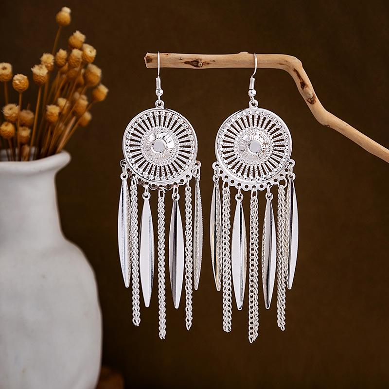 Ethnic Miao Silver Style Long Tassel Earrings with Ancient Scenic Stud Design for Women