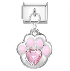 Italian Charm Bracelet Link Paw Print Pendant with Heart-Shaped Crystal Cubic Zirconia Jewelry Accessory for Nomination Classic Collection
