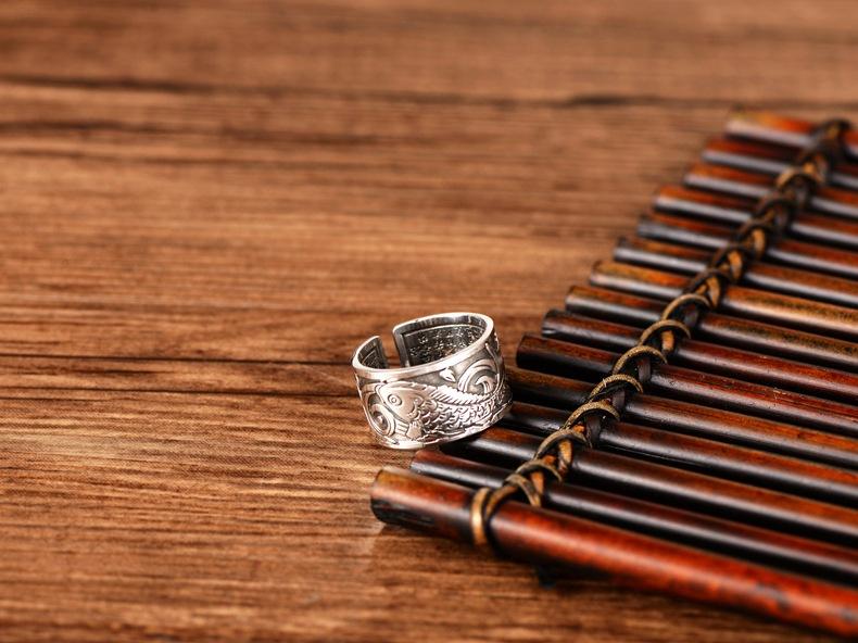 Ethnic Style Silver Color Ring Retro Koi Fish Heart Sutra Opening Men\'s and Women\'s Rings Lucky Rings Casual Party Rings