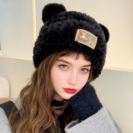 Women Knitted Hat Windproof Warm Solid Color Elastic Winter Hat Bear Ear Decor Cold Weather Plush Hat