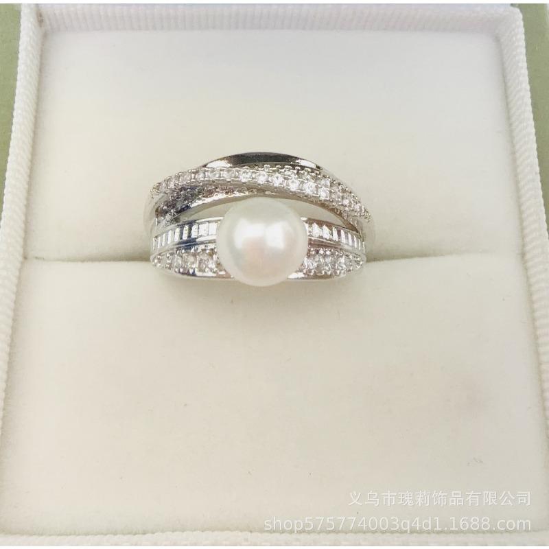 New natural freshwater pearl ring full diamond feeling adjustable ring niche temperament jewelry