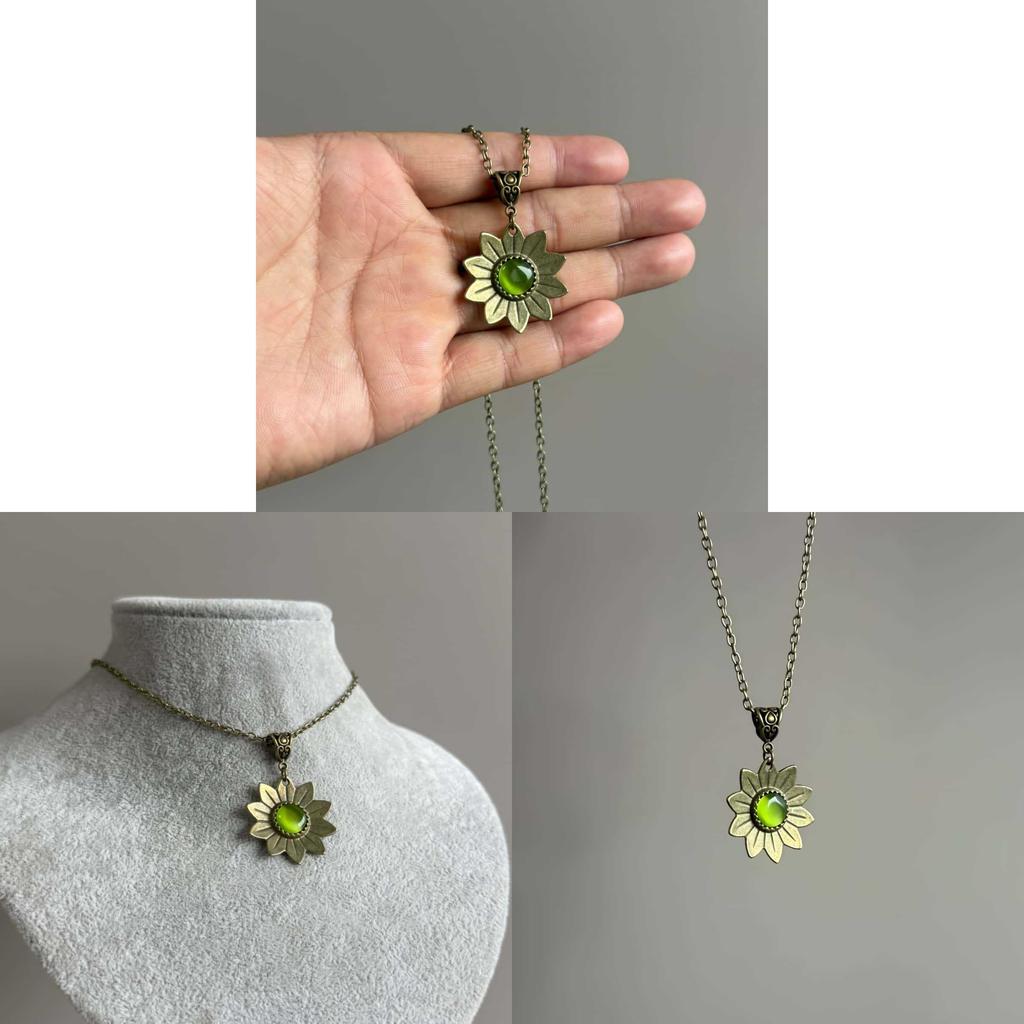 Bohemian Retro Ladies Sunflower Necklace With Cat Eye Stone Pendant For Casual Wear