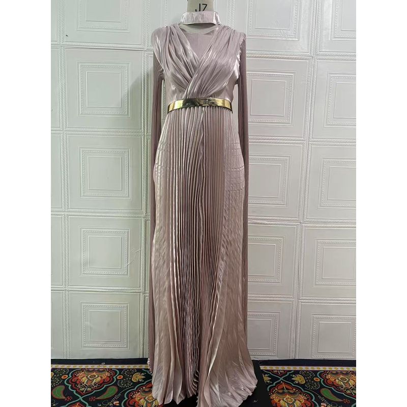 

Европейский и американский осенний новый V-образный вырез Пояс Длинный рукав Прозрачный Французский стиль Показывает темперамент Платье Формальное платье Leather pink L