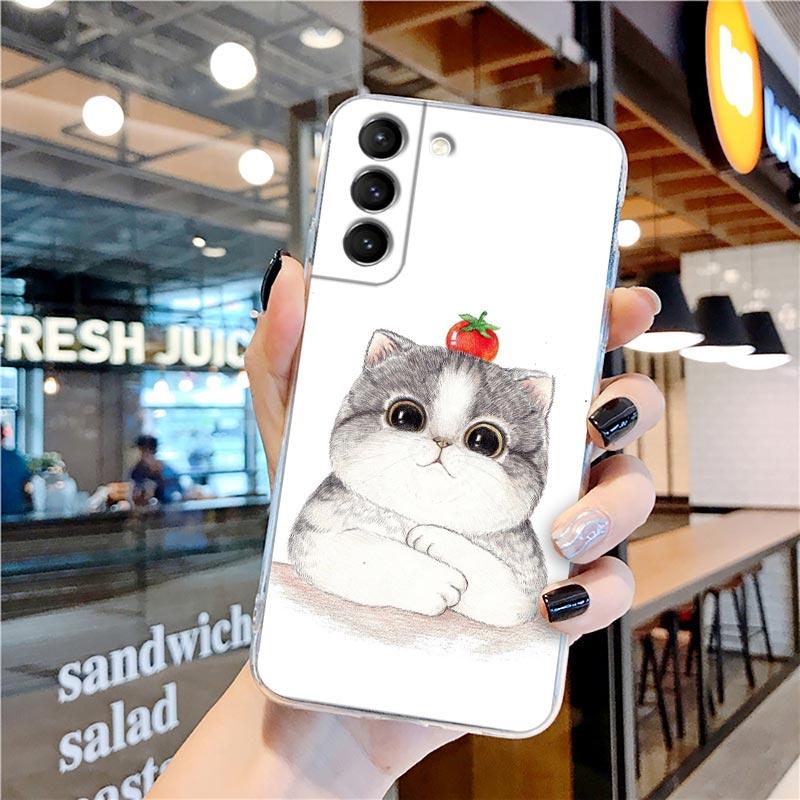 Funny Cartoon Line Art Cat Cute Animal Transparent Case for Samsung Galaxy S22 S21 S20 FE S 22 Ultra S10E S9 Plus 5G Cover Coque
