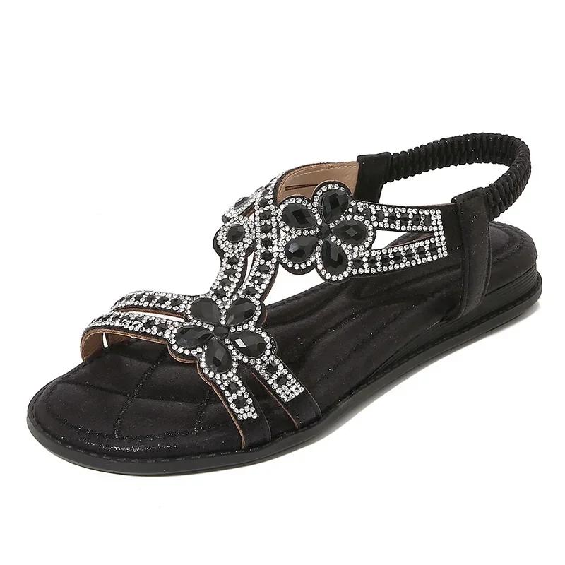 2026 Women Flat Rhinestone Sandals Bohemian Sandals Summer New Non Slip BeachElastic Low Heels Roman Sandals