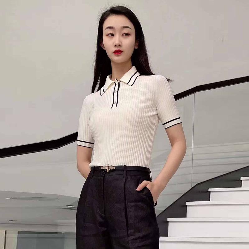 Gejia 2024 Spring/Summer Women's Polo Collar Color Block Short Sleeve Ice Silk Slim Fit T-Shirt