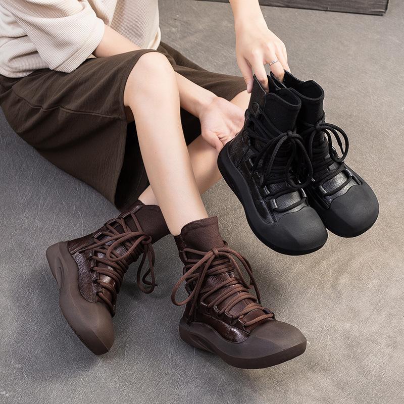 GKTINOO 2025 Autumn Winter New Retro Thick Soled Mid-calf Boots Genuine Leather Lace-up Design Women's Shoes