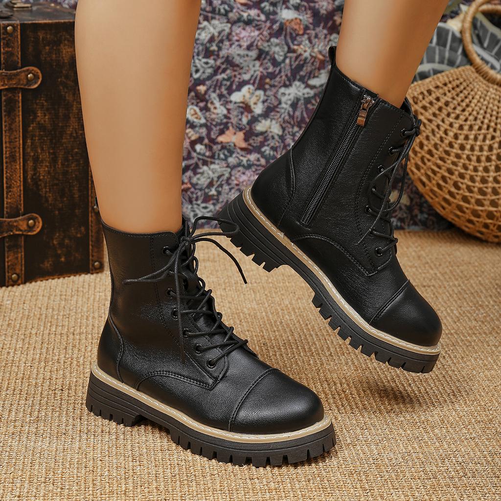 New Platform Mid-leg Boots Fall/Winter 2025 Casual British Style Side Zipper Martin Boots Women's Black