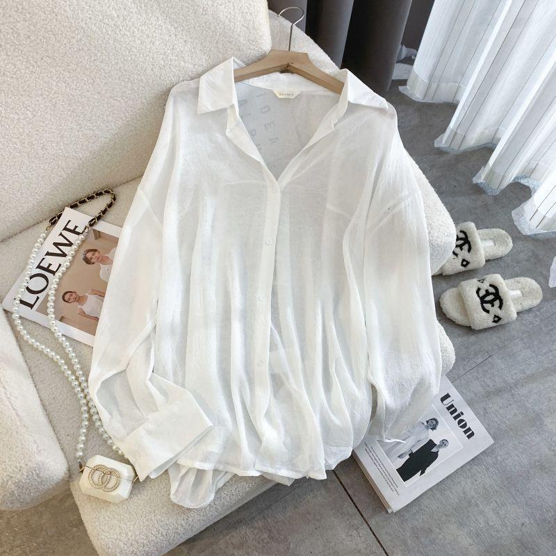 Design Fashion Loose Slightly Transparent Lapel Single-Breasted Idle Style Leisure Drop Shoulder Long Sleeve Shirts Sun Protection Clothing Women