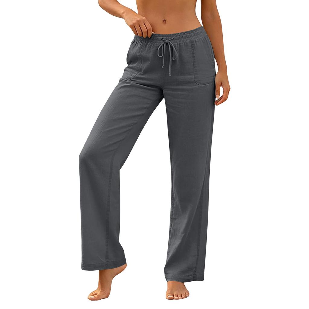 Pantaloni Casual da Donna a Vestibilità Larga con Coulisse in Vita, Tasche, Gamba Larga, Lunghezza Intera, in Misto Cotone e Lino, per l'Uso Quotidiano