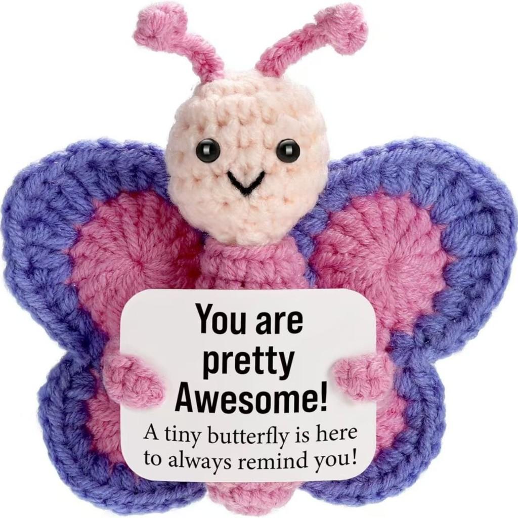 Pink Butterfly Positive Crochet Animals Doll With Card Desktop Ornament Emotional Support Handmade Knitted Cheer Up Toy
