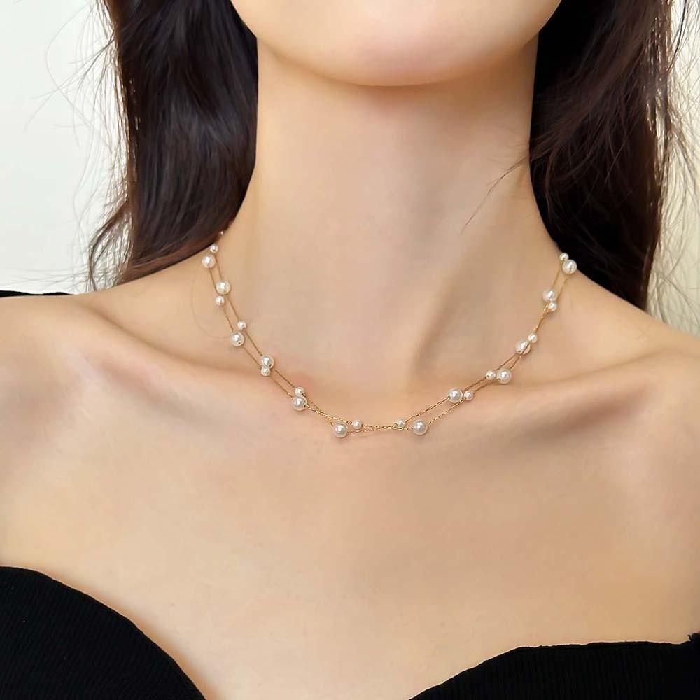 Titanium Steel Beaded Choker Necklace Exquisite Collarbone Chain Elegant Neck Pendant  Girls