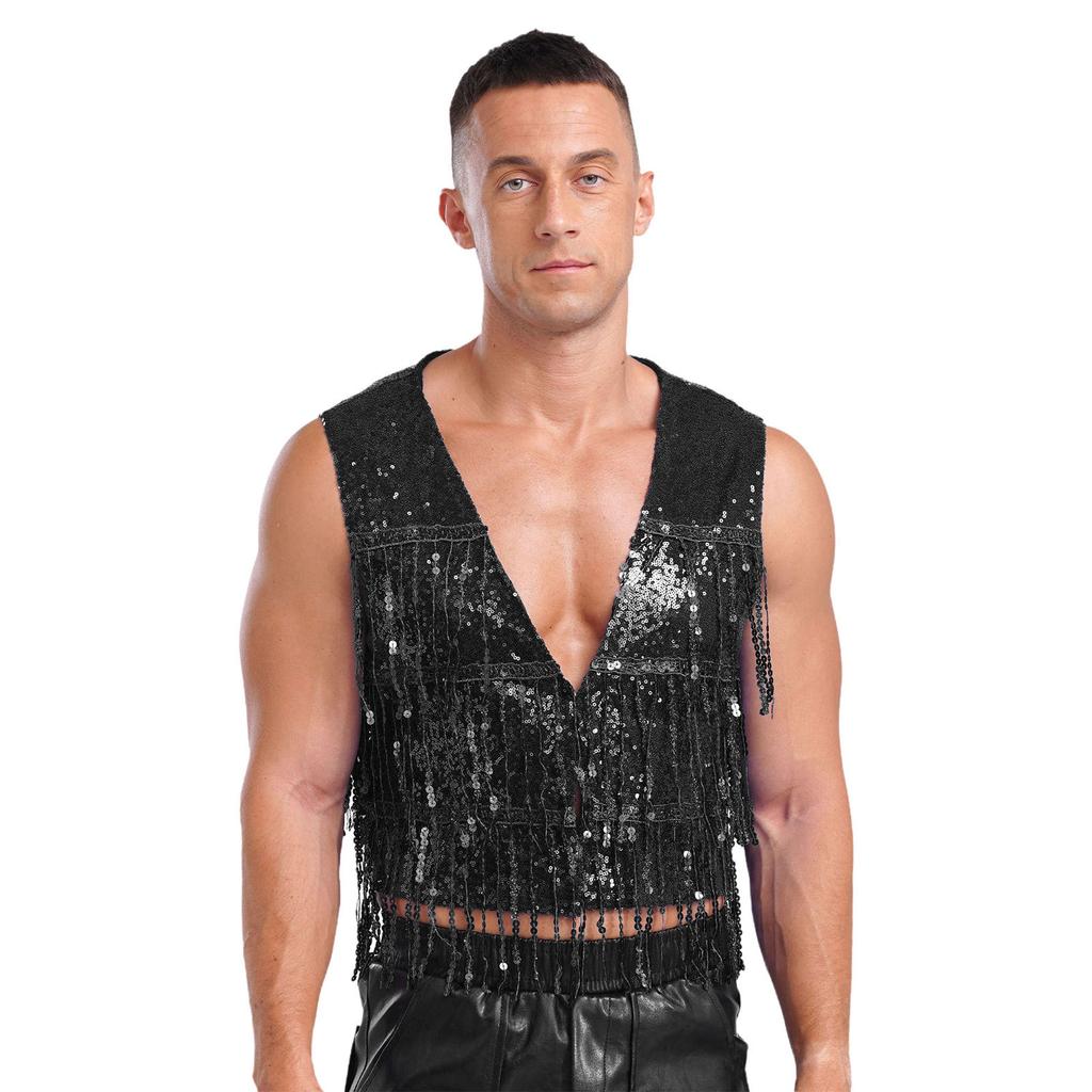 Mens Glitter Sequin Vest Sleeveless Tassel Waistcoat V Neck Open Front Dance Club Festival Partywear