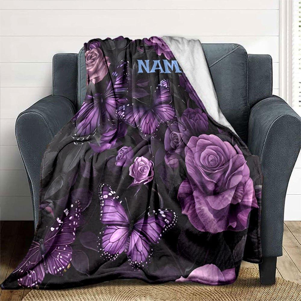 Purple Roses And Butterflies Home Customize Your Name Blankets Soft And Cozy With A Lightweight Design Perfect For All Seasons Ideal For Picnics Sofa