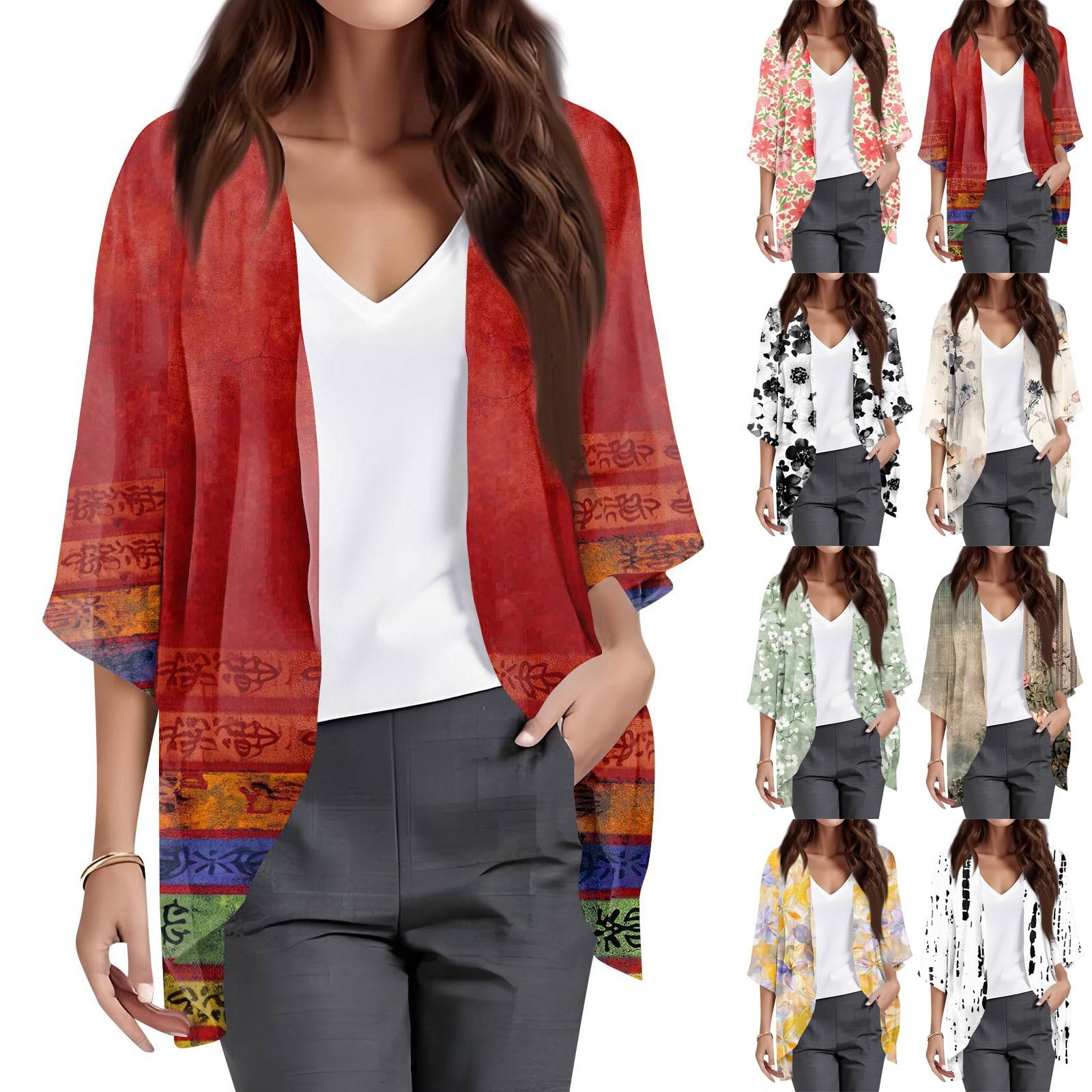 

Ladies Fashion Loose Casual Print Beach Holiday Sleeve Chiffon Cardigan XL рожевий