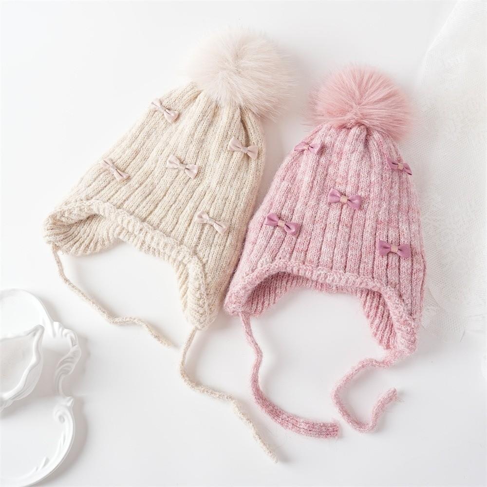 Ears Protection Kids Bonnet Hat Pompom Bows Girl Cap Cute Ears Protection Hat  Autumn