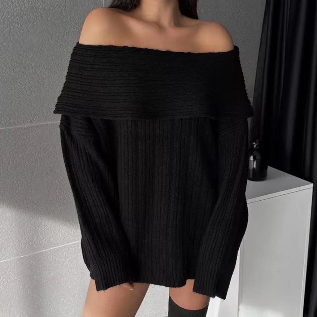 Women's Sweater Line Neck Off-the-shoulder Sweater Solid Color Loose Top