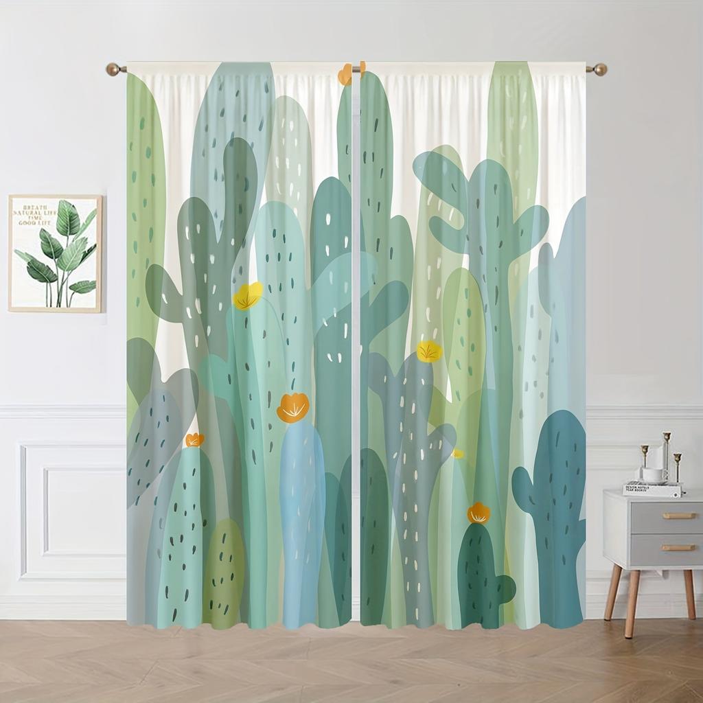 Set Of 2 Cartoon Cactus Printed Curtains Curtain Suitable Kitchen Bedroom Study Cafe Living Room Home Decor Made Polyester Area Window Treatment