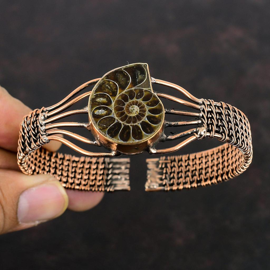Ammonite Fossil Cuff Bracelet Copper Wire Wrapped Bangle Adjustable Handmade Bangle Ammonite Fossil Copper Jewelry Natural Gemstone Bracelet
