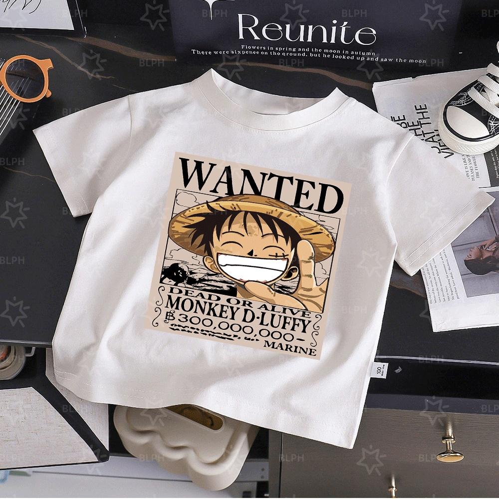 One Piece Luffy Wanted Poster Kids TShirt Cute Cartoon Graphic Tee for Boys Girls Soft Cotton Short Sleeve TShirt for Casual