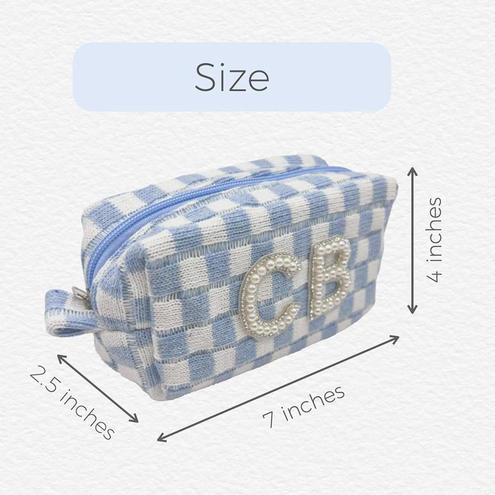 Custom Initials Blue Checkered Pouch Bridesmaid Favors Makeup Bag Beach Bachelorette Coastal Cowgirl Last Toast on The Coast