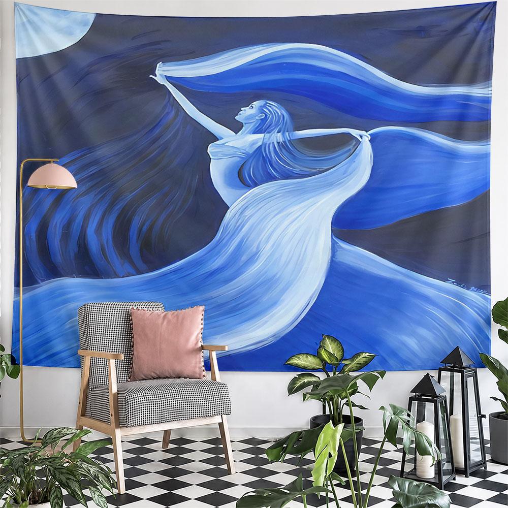 Moonlit Woman Dancing Tapestry Wall Hanging Blue Fluid Art Decor for Bedroom Living Room