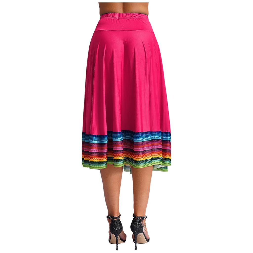 Womens Flamenco Dance Skirt Colorful Stripe Hem Elastic Waistband Folk Dancing Stage Performance Costume