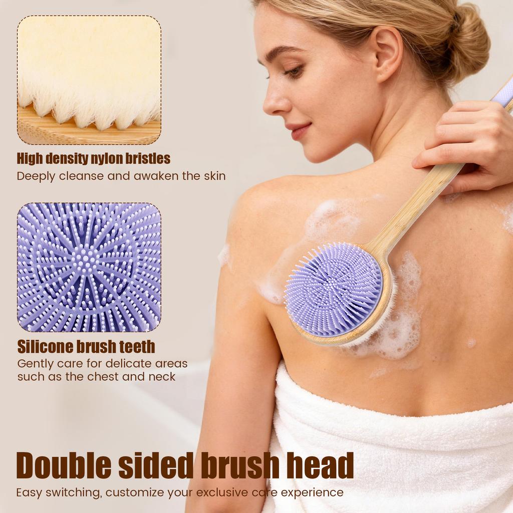 Double Sided Shower Body Brush Silicone and Dense Bristle Massage Back Scrubber Deep Cleaning Exfoliation Bamboo Long Handle