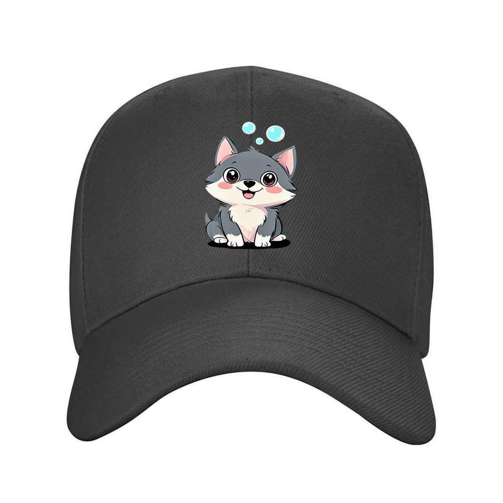 Cute Wolf Puppy Baseball Cap Adjustable Polyester Cartoon Animal Hat for Unisex Adults