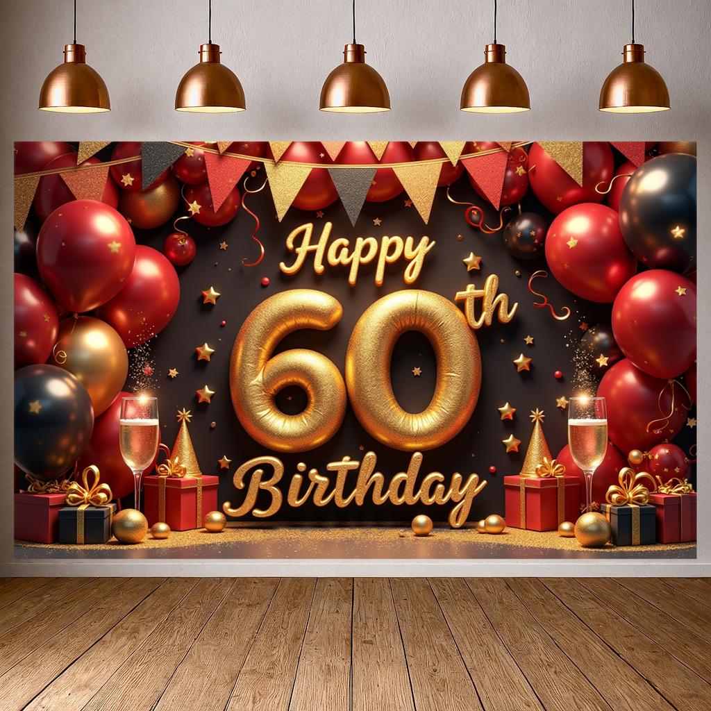 60th Birthday Backdrop Glitter Gold Finish Happy 60th Birthday Banner Birthday Photo Display Champagne Glass Elements