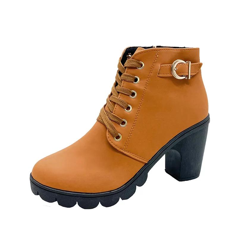 Fashion Women Boots Lace Up Ankle Boots Spring Fashion Outdoor Pumps Boots Black Buckle High Heel Boot Plus Size Platform Women Shoes