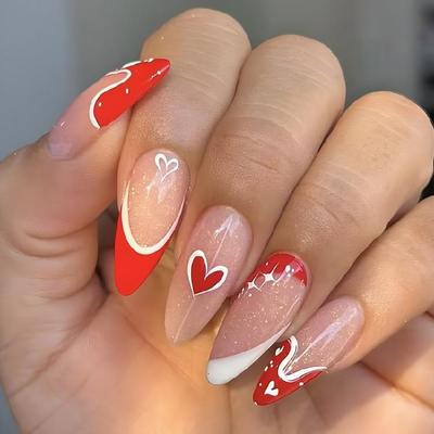 24 Stück Valentinstag Französische Spitze Lange Mandel Press-On Nägel mit Herz-Design Glänzende Künstliche Nägel Für Frauen