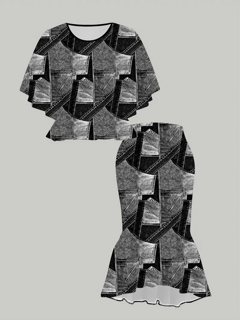 3D Geometrie Gedruckter Klassischer Totem Damen-Print, Modisch Übergröße, Elegant, Vielseitig für Alle Jahreszeiten. T-Shirt, Rock und Set