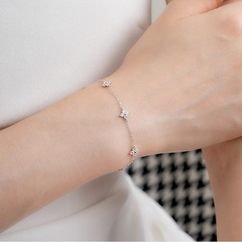 Romantic 18K Gold Plated S925 Silver Zircon Flower Bracelet 925 Sterling Silver Four Petal CZ Station Bracelet
