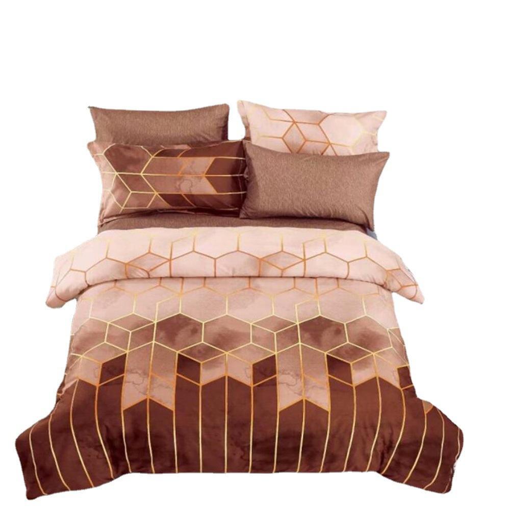 Gold Line Geometric Rhombus Color Grid Three-Piece Quilt Cover, Pillowcase, Reverse Solid Color Kit Bedding