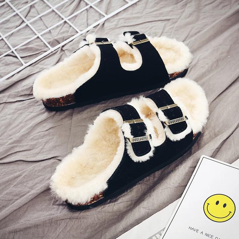 Fashion Women's Shoes Autumn Winter New Woolen Cork Women's Slippers Men's Women's Wool Half Slippers Plus Plush Cork Slippers Outside